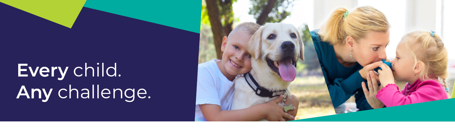 Image of boy with therapy dog, mum with girl and text "Every child, any challenge"